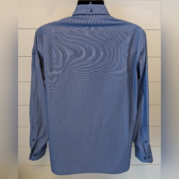 Land's End Long Sleeve Button Up Fishing Shirt Mens Medium 15-15.5 Blue Go Fish - Picture 2 of 10